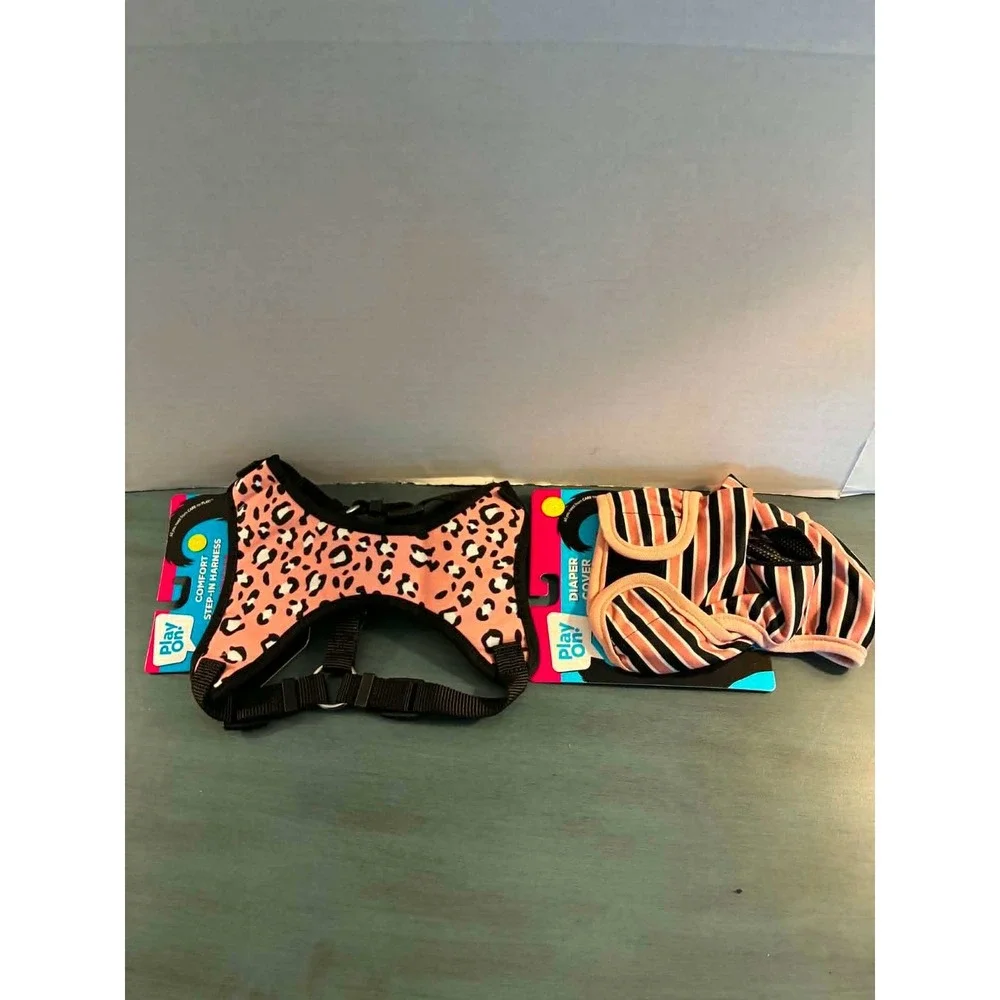 Play On Harness‎ and Diaper Cover Set Small Pink Leopard Stripe New Pet 2pack